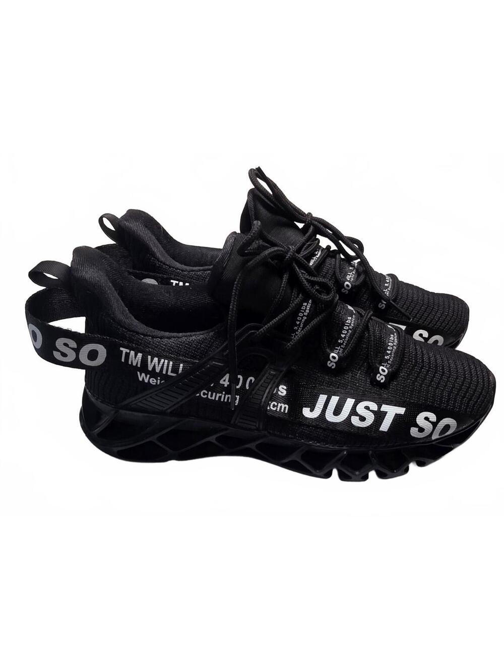 Sz 8.5 JUST SO Black Athletic Sneakers w/Bold White Text - Stylish & Comfortable